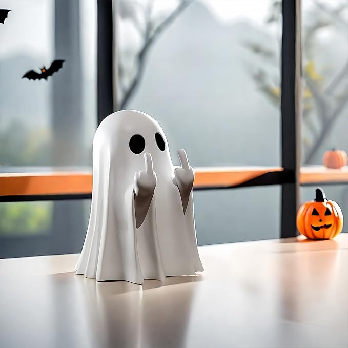 👻 Cheeky Middle-Finger Ghost Statue | Cute Halloween Ghost Ornament