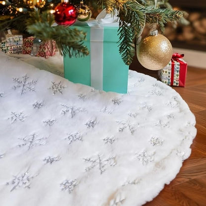 White Christmas tree skirt with sequin snowflake decorations