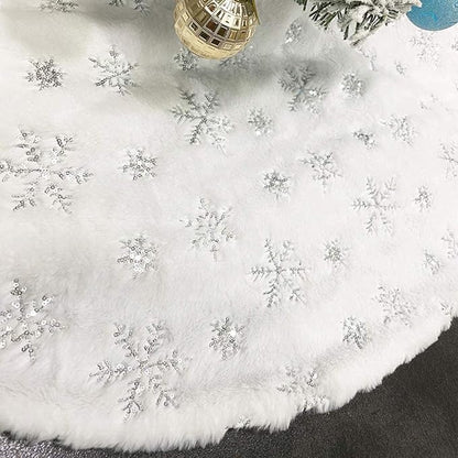 White Christmas tree skirt with sequin snowflake decorations