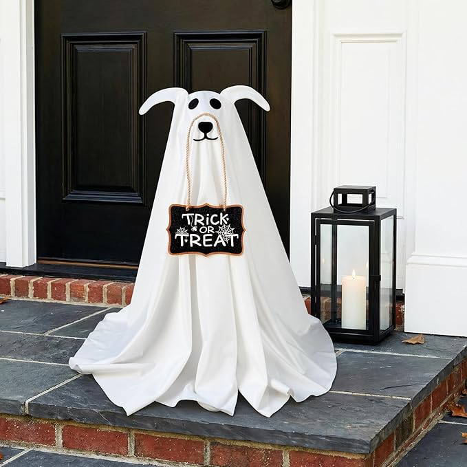 👻 Glowing Ghost Dog Halloween Door Decor with Trick or Treat Sign