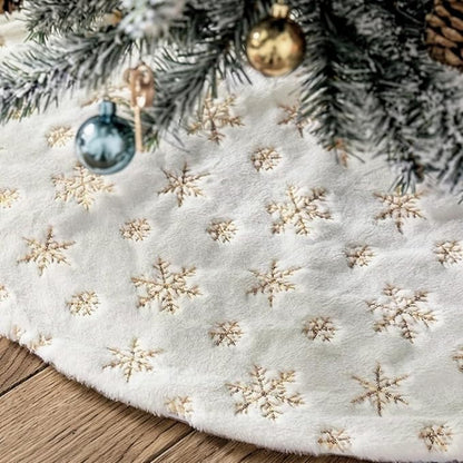 White Christmas tree skirt with sequin snowflake decorations