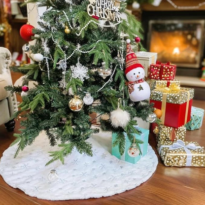 White Christmas tree skirt with sequin snowflake decorations